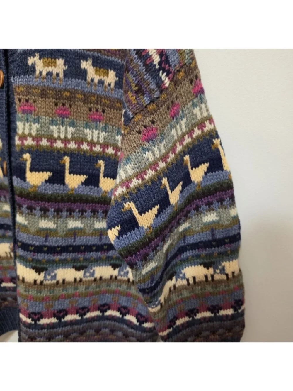 L.L. Bean Multicolor Fair Isle Wool Button Cardigan - Navy, Cream, Green - Picture 5 of 8